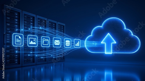 Enterprise cloud backup migration transferring diverse digital files from local servers to secure network storage