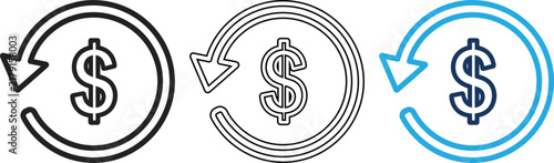 Money reload icon set featuring dollar sign inside circular arrows for financial transactions and refund processes.