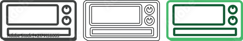 Microwave oven icon in three styles for kitchen appliance graphics.