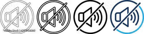Mute speaker icon set with prohibited line for disabled audio settings in four distinct graphic styles.