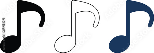 Musical note icon set in solid black and blue colors for audio players and song playlist applications.