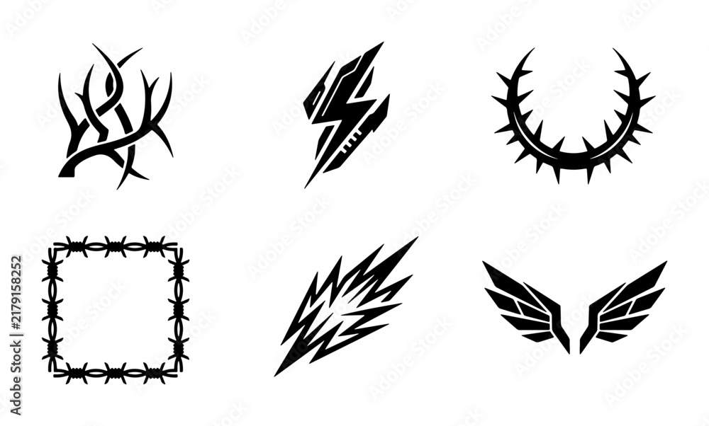 Obraz premium Set of 6 Black Tribal and Abstract Graphic Elements, Including Thorns, Lightning Bolt, Wings, and Barbed Wire Frame for Edgy Designs