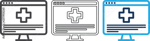 Online healthcare monitor icon set with blue and gray outlines for telemedicine and digital medical portal interface.
