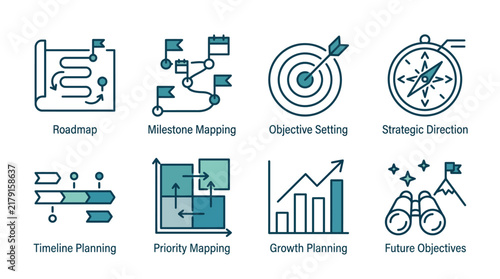Strategic business planning icons set featuring roadmap and goal setting symbols in a modern vector design