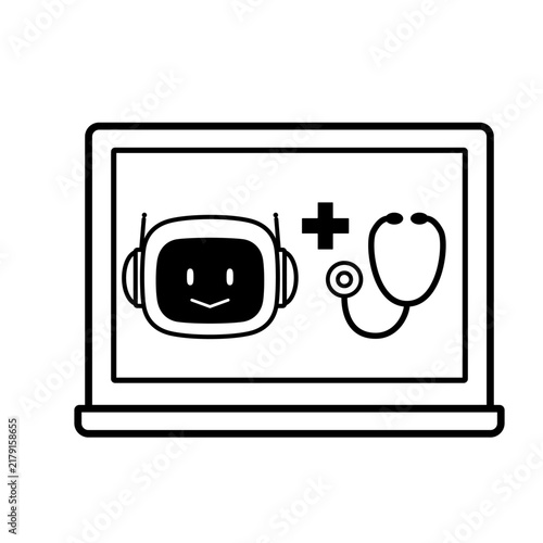 Ai robot on laptop screen with stethoscope, telemedicine app illustration