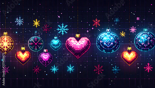 Pixel Christmas pattern strip of alternating baubles hearts and snowflakes creating energetic mood generative AI