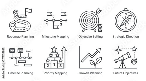 Business strategy icons showing professional planning milestones and growth objectives in a clean linear vector illustration