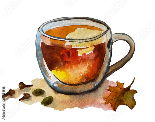 Hand-painted watercolor illustration of a cup of tea with an autumn leaf, isolated on a transparent background