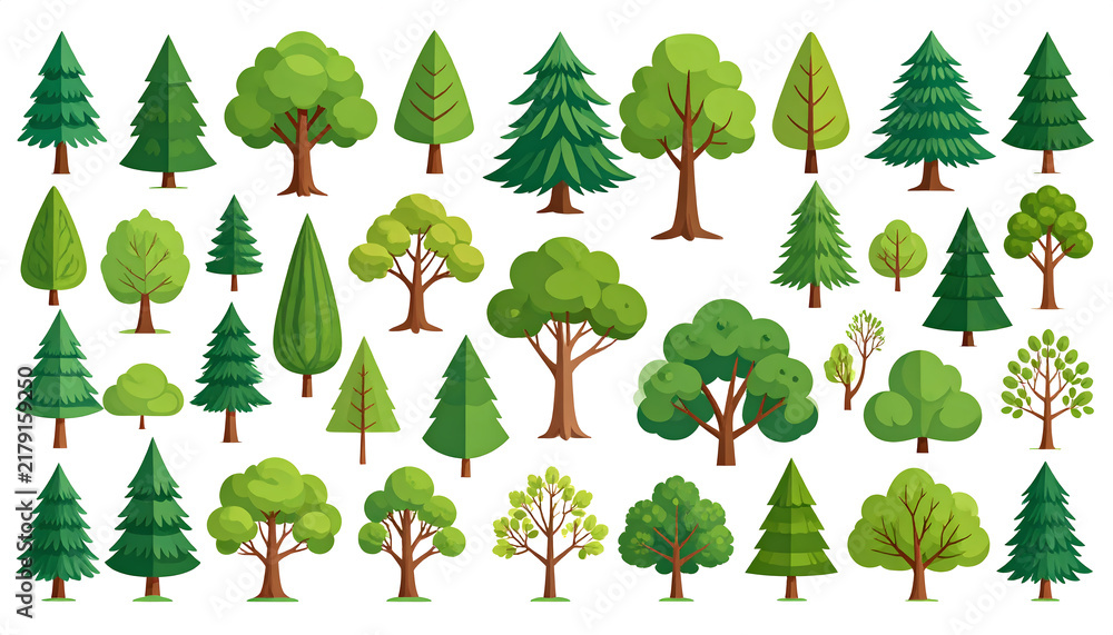 Obraz premium Stylized trees including pine conifers and rounded deciduous trees showing clean cartoon style generative AI