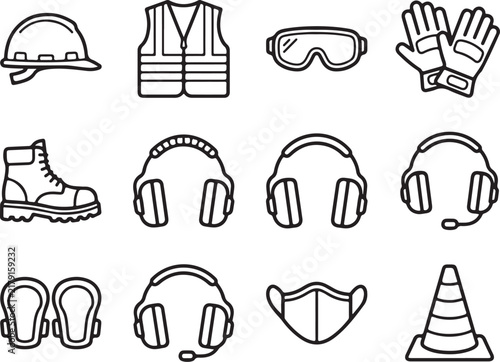 Industrial safety equipment icons, 12 personal protective equipment PPE line vectors, construction site gear and work wear set