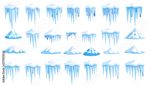 Flat vector icon set of various snow cap and icicle shapes displaying clean winter design generative AI