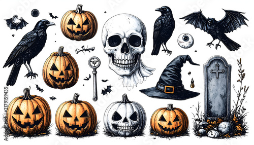 Hand drawn pencil sketch style icon set displaying spooky seasonal clipart collection generative AI