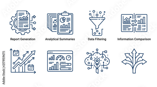 Professional data analysis vector icon set featuring business growth charts and analytical report generation symbols now