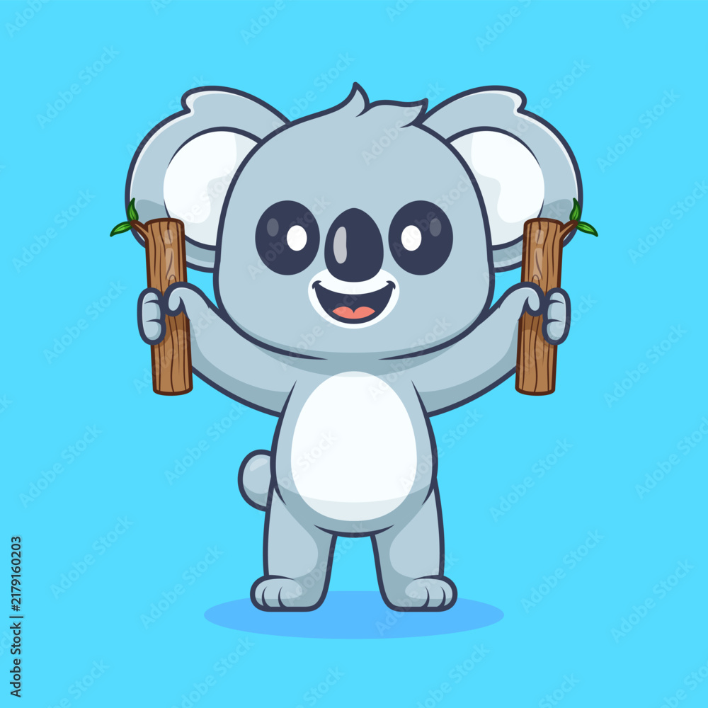 Fototapeta premium Cute Koala Holding Stick Branch Wood Cartoon