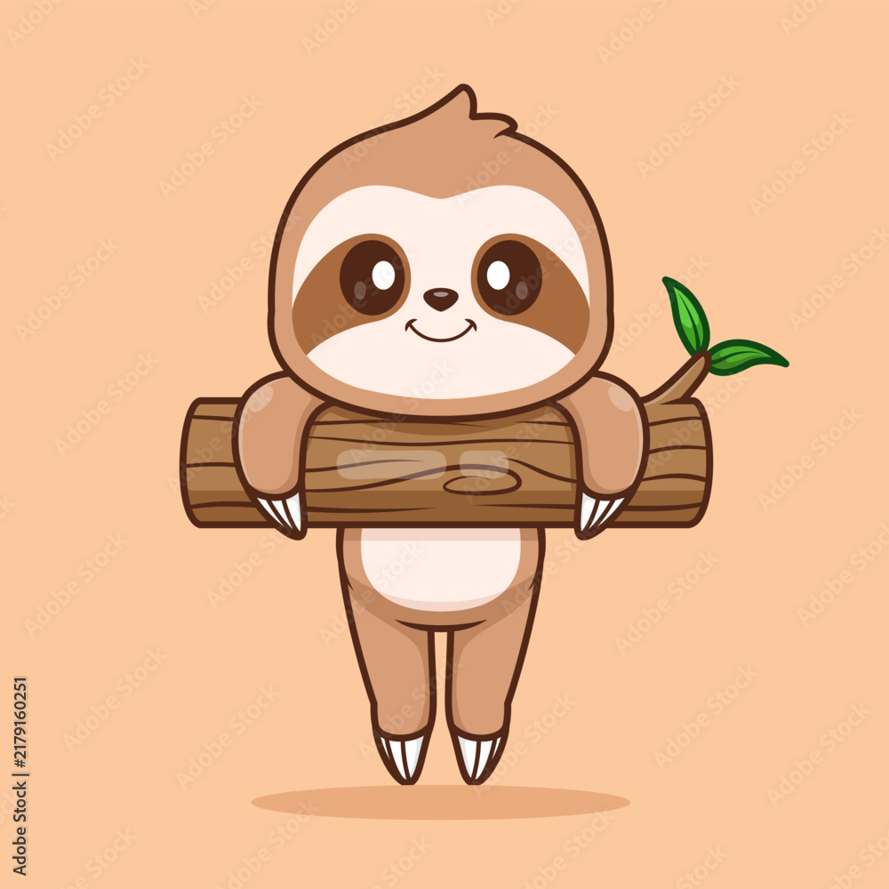 Fototapeta premium Cute Sloth Hanging On Wood Tree Cartoon