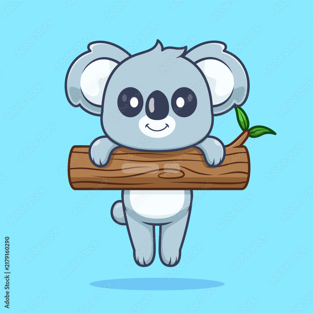 Fototapeta premium Cute Koala Hanging On Wood Tree Cartoon