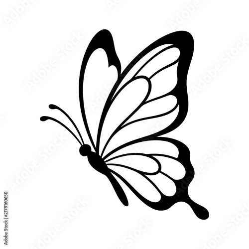 Butterfly side view outline icon in black and white line art style for minimalist tattoo nature logo coloring book design.