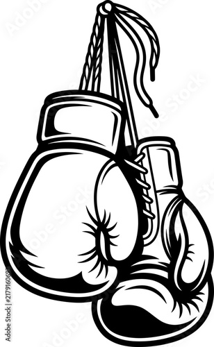 Hanging boxing gloves line art illustration in black and white sketch style for sports club fight gym emblem logo sticker.