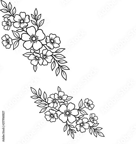 Floral branch corner border in black and white line art with blooming flowers and leaves for wedding card invitation design.