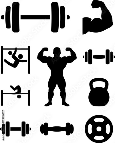 Black fitness and bodybuilding icon set with weights and athlete silhouettes for gym logos and workout planning templates.