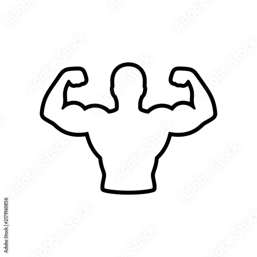 Black outline of strong muscular man flexing biceps for fitness branding and athletic club logo design on white background.