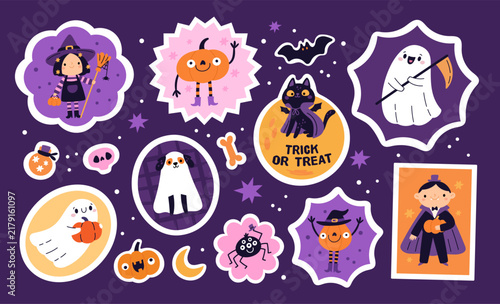 Cute halloween stickers. Adorable ghosts, pumpkins, witch, vampire, black cat, spooky icons, party decor, festive seasonal holiday designs, labels collection, garish vector cartoon flat set