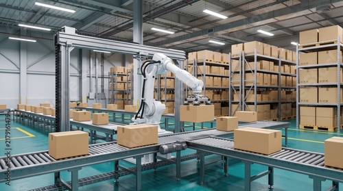 Automated warehouse robotic arm sorting cardboard boxes on conveyor belt system, modern industrial logistics center with high shelves, smart factory automation technology