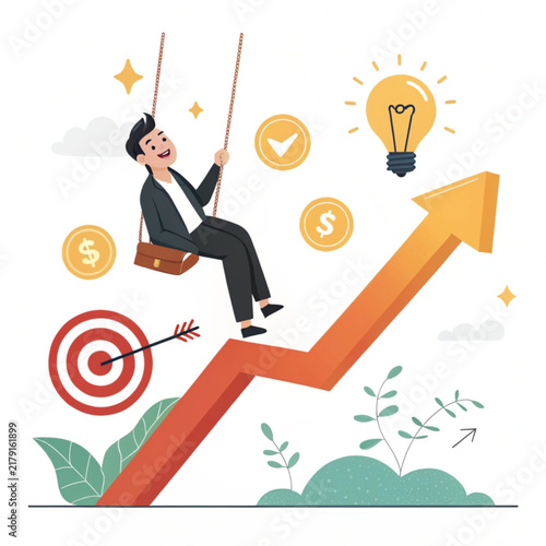 Happy businessman on swing riding upward financial growth arrow graph vector illustration with business success
