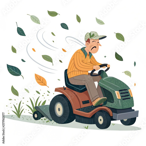 Man driving a green lawnmower cutting grass outdoors surrounded by falling autumn leaves with gardening tool yard work operator