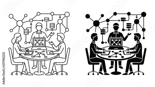 Business team brainstorming network strategy icons set with brainstorming