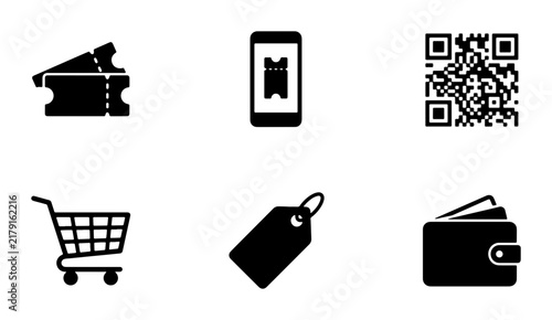 E-commerce Icons Set: Shopping Cart, Ticket, QR Code, Tag, Wallet, Mobile Ticket for Digital Marketing and Online Sales