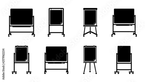 Presentation Easels and Flip Charts, Set of 8 Vector Icons, Whiteboard and Blackboard Displays for Business Meetings and Education