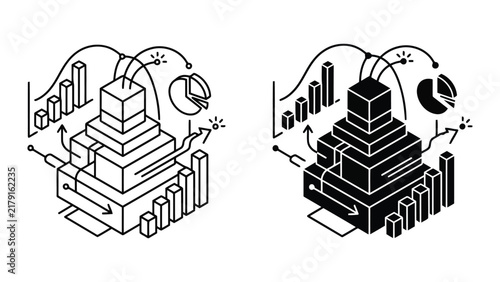 Isometric data visualization with business growth pyramid and charts, business