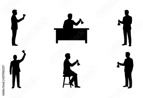 Auctioneer Silhouette Set, Ringing Bell Icons, Business Meeting Figures, Sale Event People, Black and White Vector Graphics for Commerce