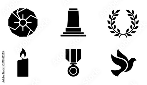 Memorial Icons Set: Candle, Dove, Laurel Wreath, Medal, Monument, Shutter Symbol, Vector Graphics for Remembrance and Honor