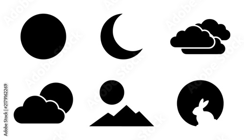 Celestial Icons: Full Moon, Crescent Moon, Clouds, Mountains, and Rabbit Silhouette Vector Set, Black and White Graphic Elements for Night Sky and Astronomy Themes