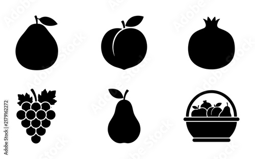 Set of 6 Black Fruit Icons: Pear, Peach, Pomegranate, Grapes, Pear, Fruit Basket Vector Graphics for Healthy Eating and Food Concepts