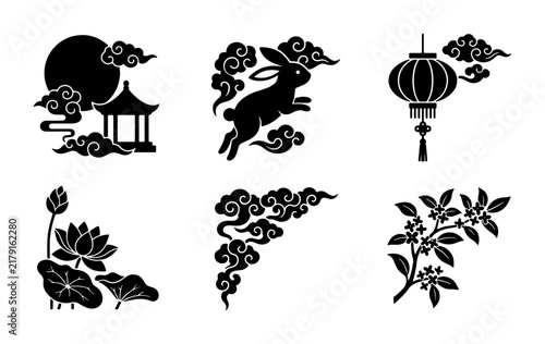 Traditional Asian Cultural Icons Set: Pagoda, Rabbit, Lantern, Lotus, Clouds, Branch, Vector Graphics for Festive Celebrations and Oriental Design