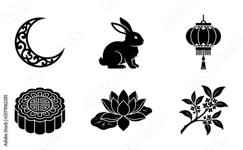 Mid-Autumn Festival Icons: Crescent Moon, Rabbit, Lantern, Mooncake, Lotus Flower, Osmanthus Branch, Vector Graphics Set for Cultural Celebrations