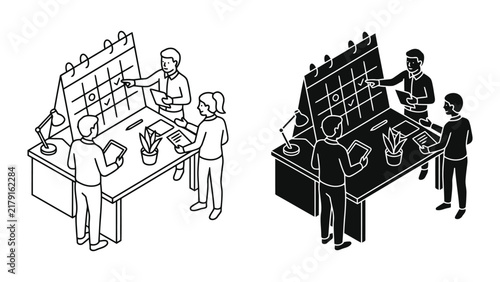 Business colleagues reviewing schedule and calendar planning with planning