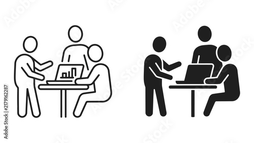 Professional team analyzing data charts on laptop screen icon with analysis