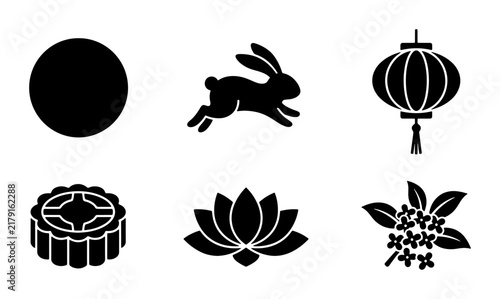 Mid-Autumn Festival Icons: Moon, Rabbit, Lantern, Lotus, Mooncake, and Flowers Vector Set for Festive Celebrations and Cultural Design
