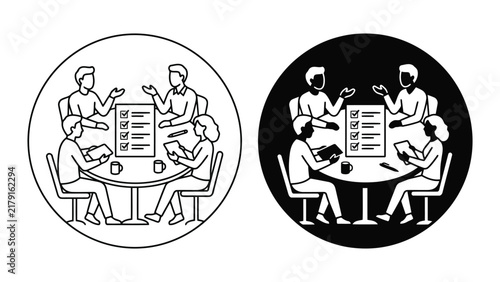 Business team meeting reviewing task checklist together with checklist, business