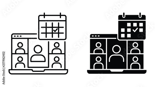Online meeting schedule icons set with calendar schedule communication