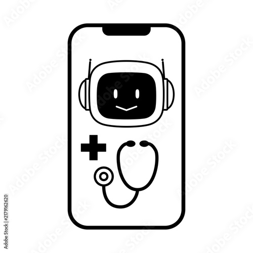Ai robot on smartphone screen with stethoscope, telemedicine app illustration