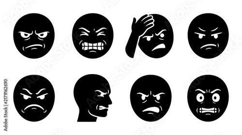 Photography Set of 8 Black Angry Emoticons, Frustrated Faces, Aggressive Expressions, Vector