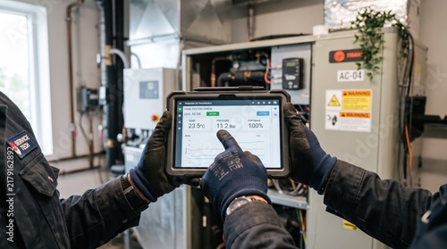 Industrial HVAC technician holding rugged tablet computer checking system diagnostics data in mechanical room, wearing protective work gloves and uniform, smart building