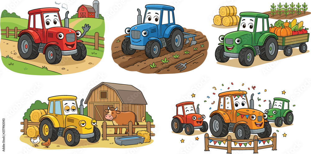 Naklejka premium Cute Cartoon Tractor Characters Vector Illustration Set Featuring Colorful Farm Vehicles Plowing Fields Carrying Harvest and Celebrating at the Barn