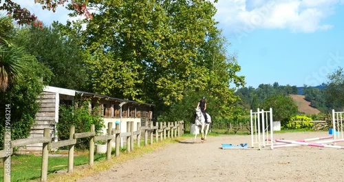 Beautiful young girl on a white horse at an equestrian farm