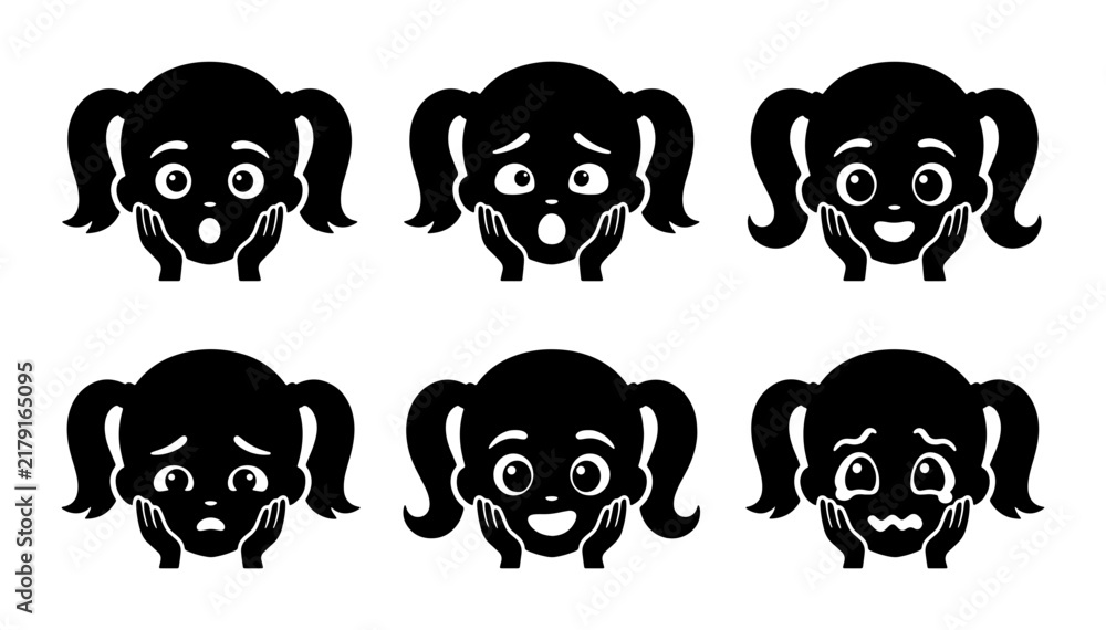 Fototapeta premium Diverse Emotions of a Young Girl's Face, Vector Icons Set: Joy, Surprise, Sadness, Fear, and Delight Expressions, Black and White Silhouette Collection for Graphic Design